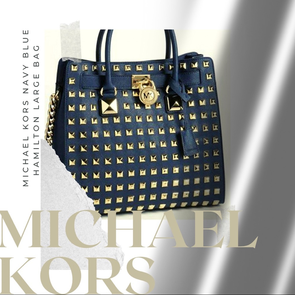 MICHAEL KORS NAVY BLUE HAMILTON TOTE W/ GOLD STUDS